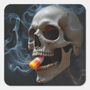 Halloween Rökande Dödskalle Biter Candy Corn Fyrkantigt Klistermärke