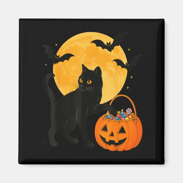 Halloween Rolig Svart Katt Pumpa Med Sött Godis Magnet (Framsidan)