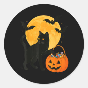 Halloween Rolig Svart Katt Pumpa Med Sött Godis Runt Klistermärke