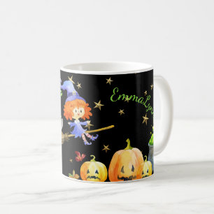 Halloween Roligt Lila Witch Flies Broom Grönt Namn Kaffemugg