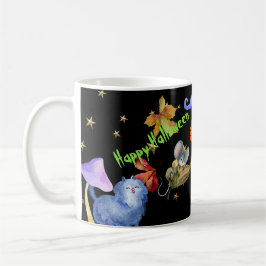 Halloween Roligt Lila Witch Flies Broom Grönt Namn Kaffemugg