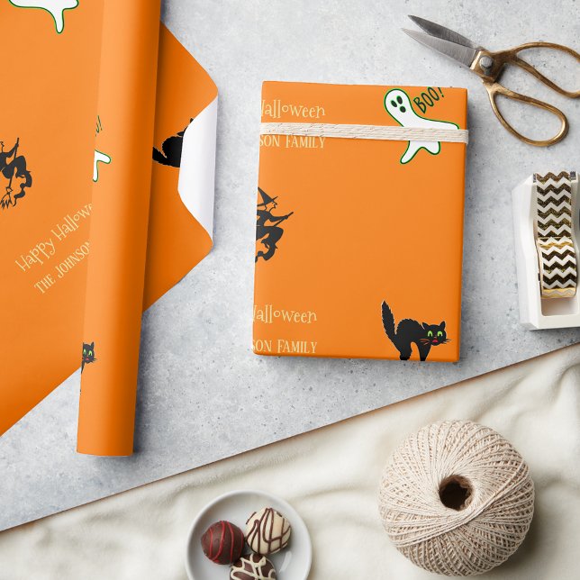 Halloween Roligt Spooky Cat Ghost Witch Anpassning Presentpapper (Halloween Fun Spooky Cat Ghost Witch Custom Text Wrapping Paper)