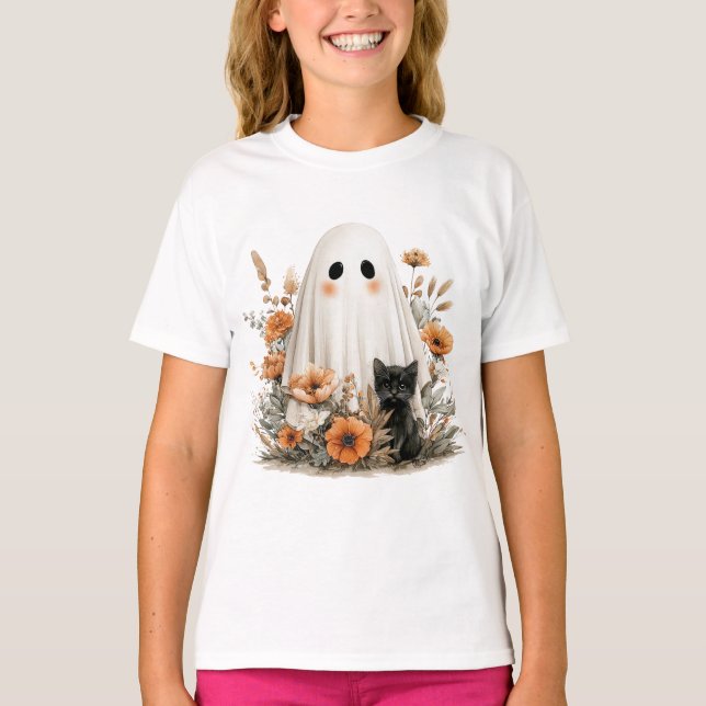 Halloween Roligt T-Shirt - Cute Ghost & Kittie (Framsida)