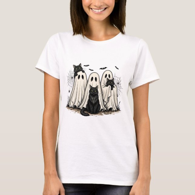 Halloween Roligt T-Shirt - Ghost och Svarta katter (Framsida)