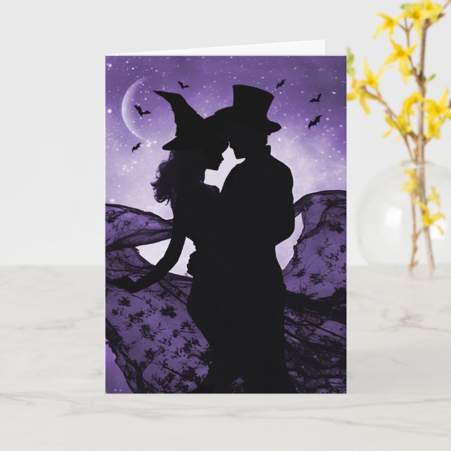 Halloween Romantik Kärlek Silhouetted Couple och F Kort (Gul blomma)