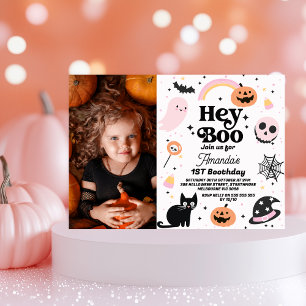 Halloween Rosa Black Hej Boo 1:a födelsedagen Inbjudningar