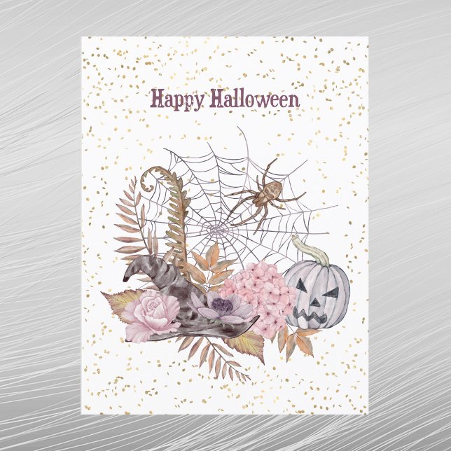 Halloween Rosa Blommig Pumpa Spindelnät Helg Vykort (Skapare uppladdad)