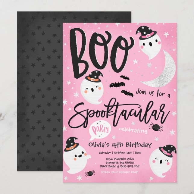 Halloween Rosa Cute Ghost Birthday Spooktacular Inbjudningar (Fram/baksida)