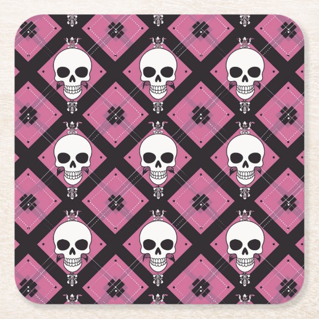 Halloween Rosa Cute Scull Kontrollerad Underlägg Papper Kvadrat (Framsidan)