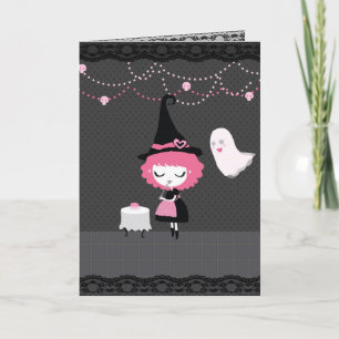 Halloween-Rosa Cute Witch-kort (eller födelsedag) Kort