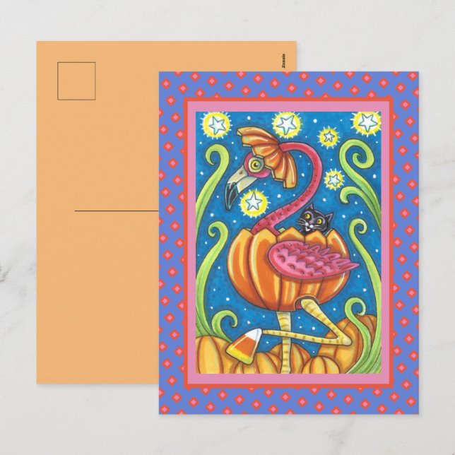 HALLOWEEN ROSA FLAMINGO & BLACK CAT I PUMPKIN HELG VYKORT (Fram/baksida)