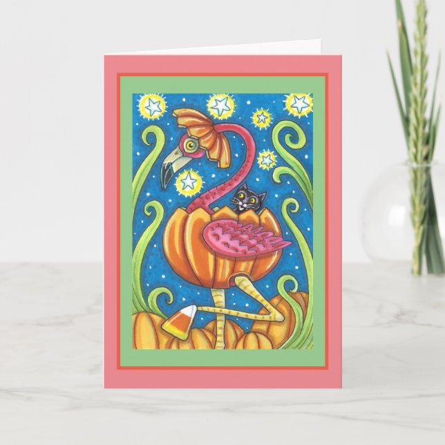 HALLOWEEN ROSA FLAMINGO & BLACK CAT I PUMPKIN HELGKORT (Framsida)