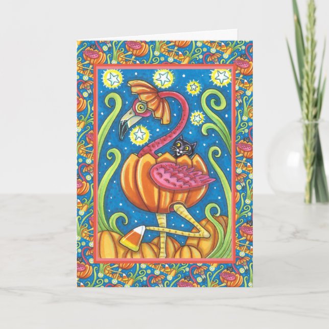 HALLOWEEN ROSA FLAMINGO & BLACK CAT I PUMPKIN HELGKORT (Framsida)