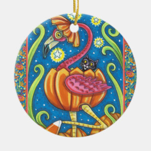 HALLOWEEN ROSA FLAMINGO & BLACK CAT I PUMPKIN JULGRANSPRYDNAD KERAMIK