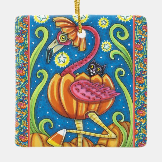 HALLOWEEN ROSA FLAMINGO & BLACK CAT I PUMPKIN JULGRANSPRYDNAD KERAMIK (Framsida)