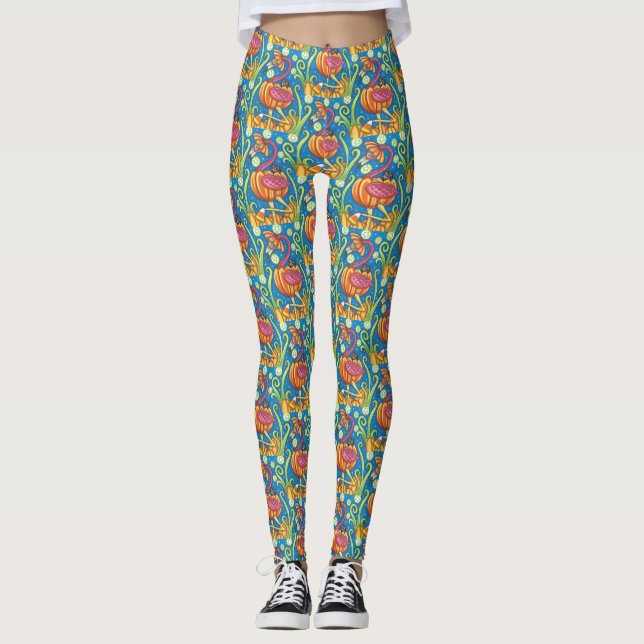 HALLOWEEN ROSA FLAMINGO & BLACK CAT I PUMPKIN LEGGINGS (Framsida)