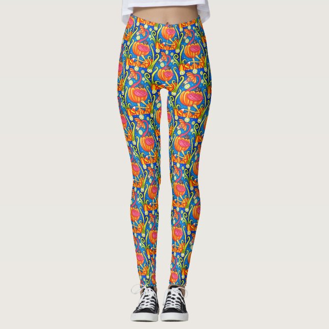 HALLOWEEN ROSA FLAMINGO & BLACK CAT I PUMPKIN LEGGINGS (Framsida)