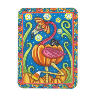 HALLOWEEN ROSA FLAMINGO & BLACK CAT I PUMPKIN MAGNET