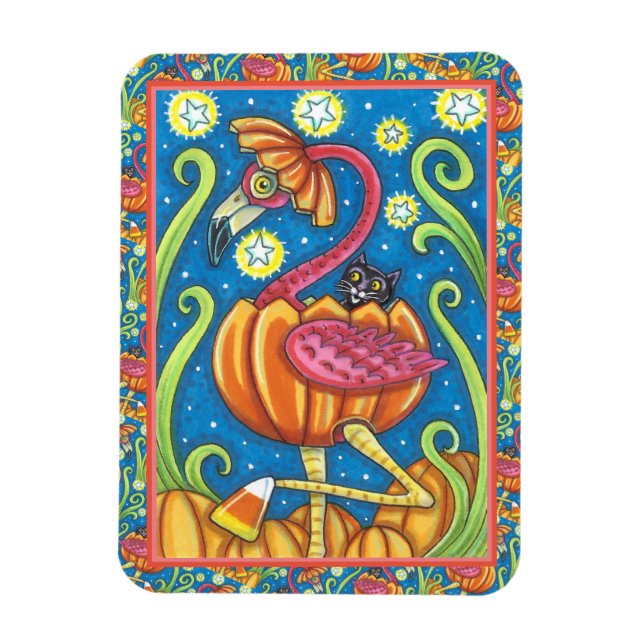 HALLOWEEN ROSA FLAMINGO & BLACK CAT I PUMPKIN MAGNET (Vertikal)