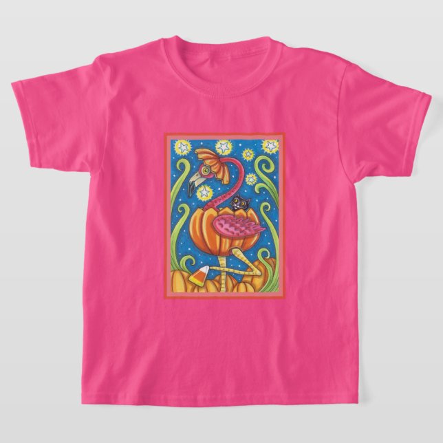 HALLOWEEN ROSA FLAMINGO & BLACK CAT I PUMPKIN T SHIRT (Laydown)