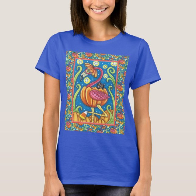 HALLOWEEN ROSA FLAMINGO & BLACK CAT I PUMPKIN T SHIRT (Framsida)