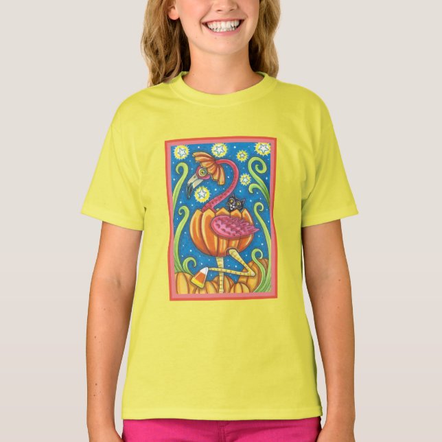 HALLOWEEN ROSA FLAMINGO & BLACK CAT I PUMPKIN T SHIRT (Framsida)