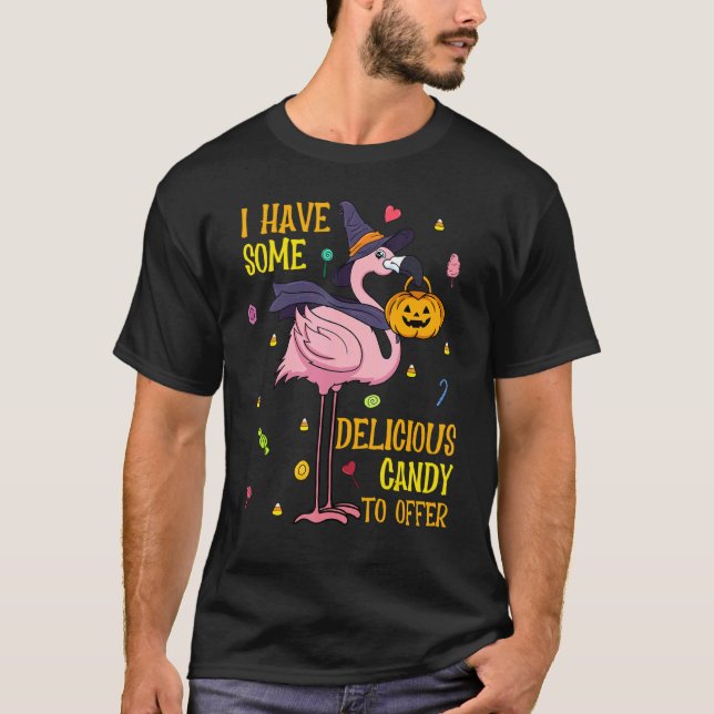 Halloween Rosa Flamingo Witch Pumpkin Candy T Shirt (Framsida)