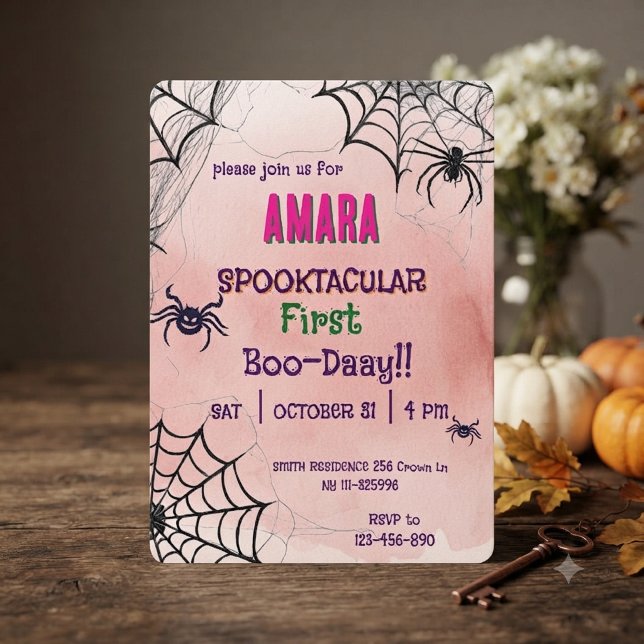 Halloween Rosa och spindlar Födelsedag Halloween  Inbjudningar (Skapare uppladdad)