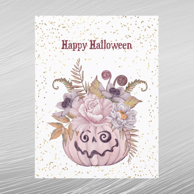 Halloween Rosa Pumpa Blommig Helg Vykort (Skapare uppladdad)