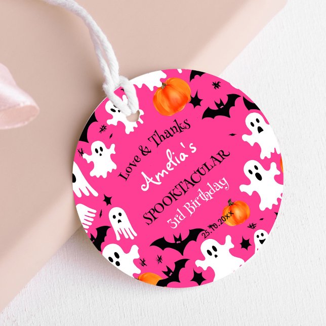 Halloween-rosa-spooky-födelsedagsfest Gåvor Etiketter (Pink Halloween birthday party favor gift tags Halloween thank you gift tags cute ghosts bats pumpkin)