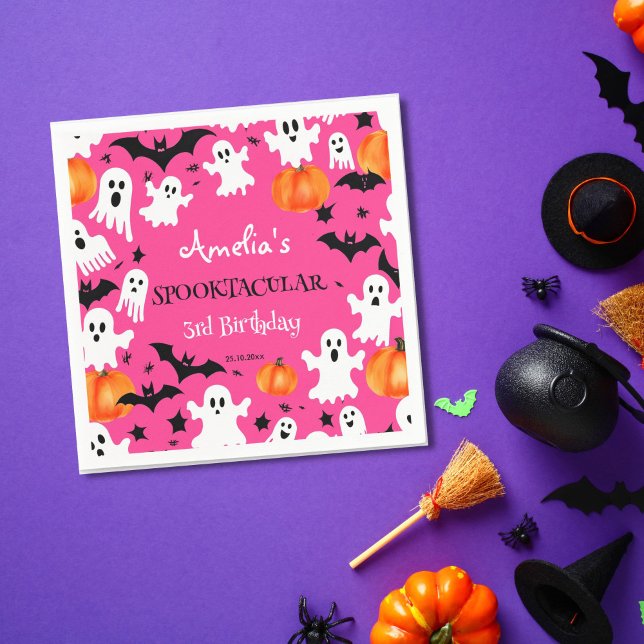 Halloween-rosa-spooky-födelsedagsfest Pappersservett (Pink Halloween party tableware personalized napkins birthday napkins cute ghosts bats pumpkins pink)