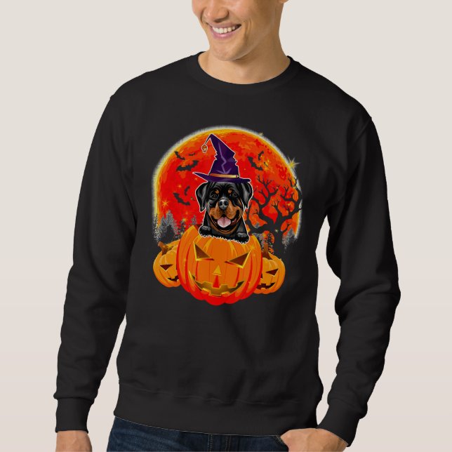 Halloween Rottweiler Hund Witch Pumpkin Lång Ärmad Tröja (Framsida)