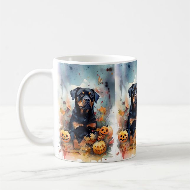 Halloween Rottweiler Med Pumpa Skräckinjagande Kaffemugg (Vänster)