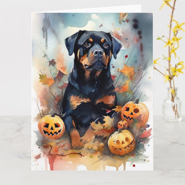 Halloween Rottweiler Med Pumpa Skräckinjagande Kort (Gul blomma)