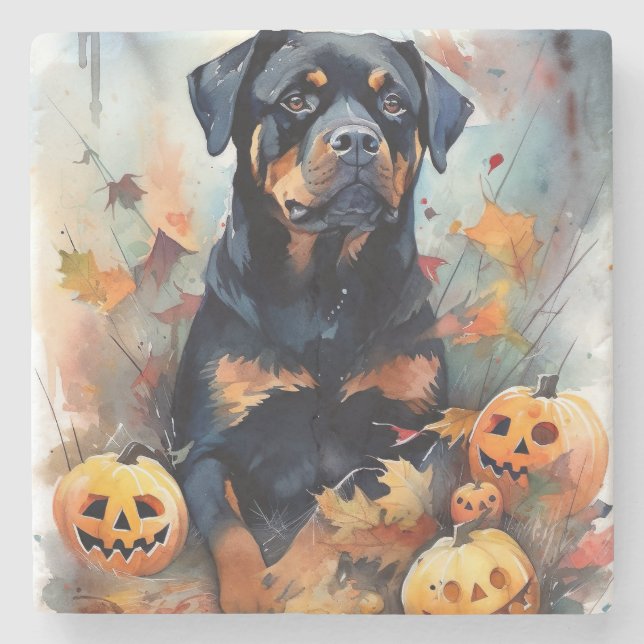 Halloween Rottweiler Med Pumpa Skräckinjagande Stenunderlägg (Framsidan)