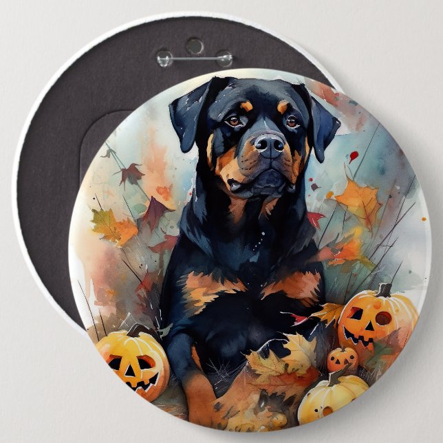 Halloween Rottweiler med pumpor Scary Knapp (Framsida & baksida)