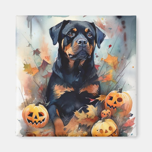 Halloween Rottweiler med pumpor Scary Magnet (Framsidan)