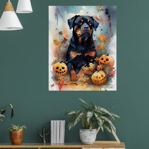 Halloween Rottweiler med pumpor Scary Poster