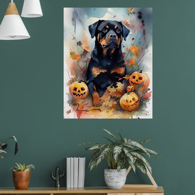 Halloween Rottweiler med pumpor Scary Poster (Vardagsrum 1)