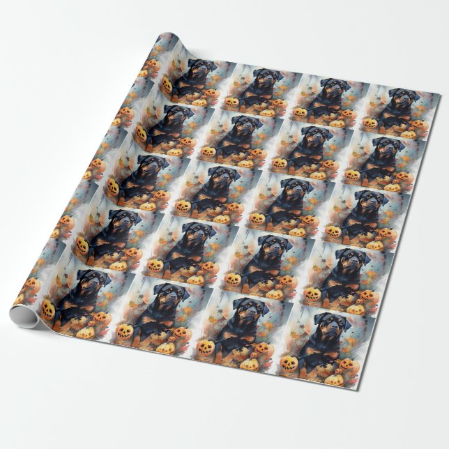 Halloween Rottweiler med pumpor Scary Presentpapper (Utrullad)