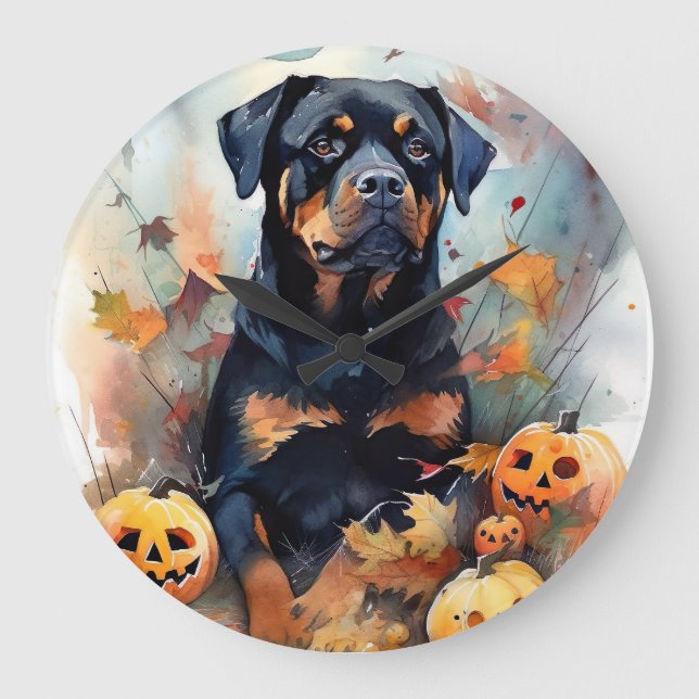 Halloween Rottweiler med pumpor Skräckinjagande Stor Klocka (Framsida)