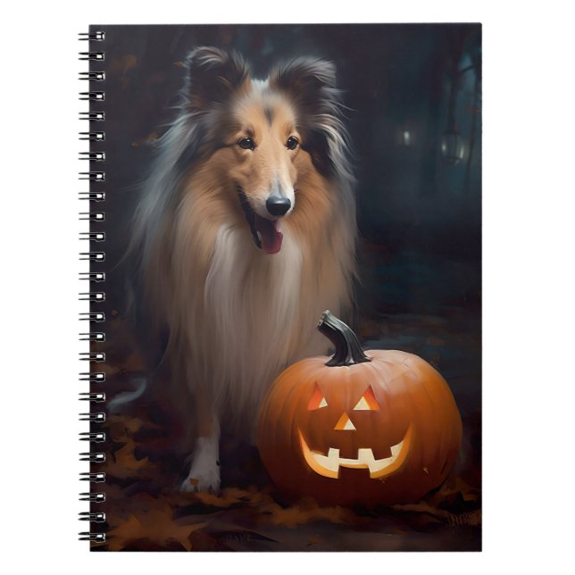 Halloween Rough Collie Med Pumpa Skräck Anteckningsbok (Framsidan)