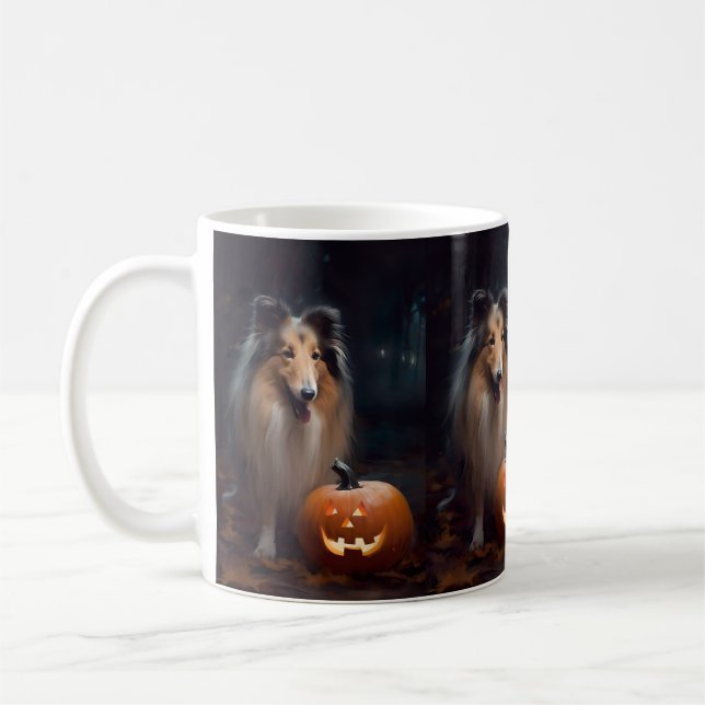 Halloween Rough Collie Med Pumpa Skräck Kaffemugg (Vänster)