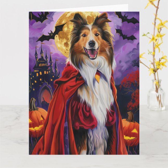 Halloween Rough Collie Vampire Pumpkins Scary Kort (Gul blomma)