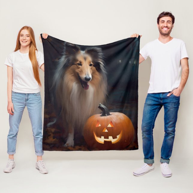 Halloween Rough Collie with Pumpkins Scary Fleecefilt (På plats)