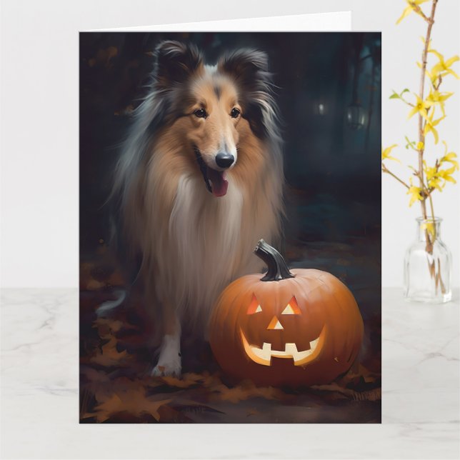 Halloween Rough Collie with Pumpkins Scary Kort (Gul blomma)