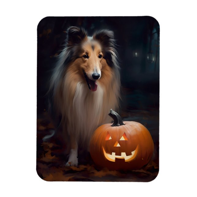 Halloween Rough Collie with Pumpkins Scary Magnet (Vertikal)