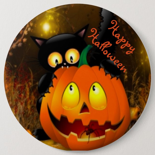 Halloween Round Button/Black Cat and Pumpkin Knapp (Framsida)