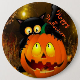 Halloween Round Button/Black Cat and Pumpkin Knapp