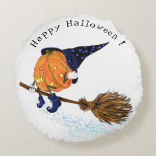Halloween Round Pillow Witch Pumpkin Flies Broom Rund Kudde